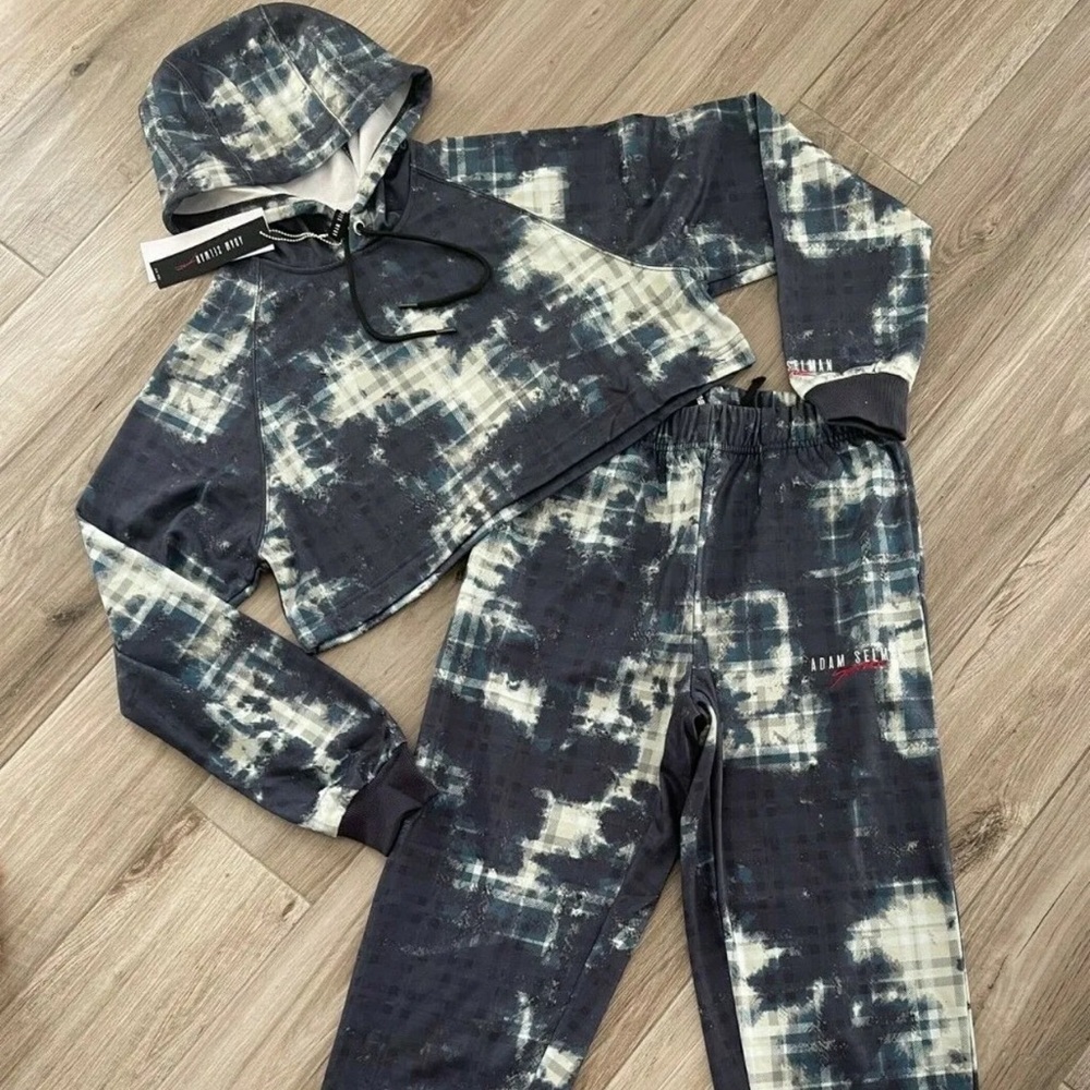 Adam Selman Sport Cropped Hoodie in Plaid Navy Multi SET *NWT*